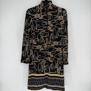 Jude Connally Womens Elodie Long Sleeve Black Gold Belt Chain Print Midi SMALL